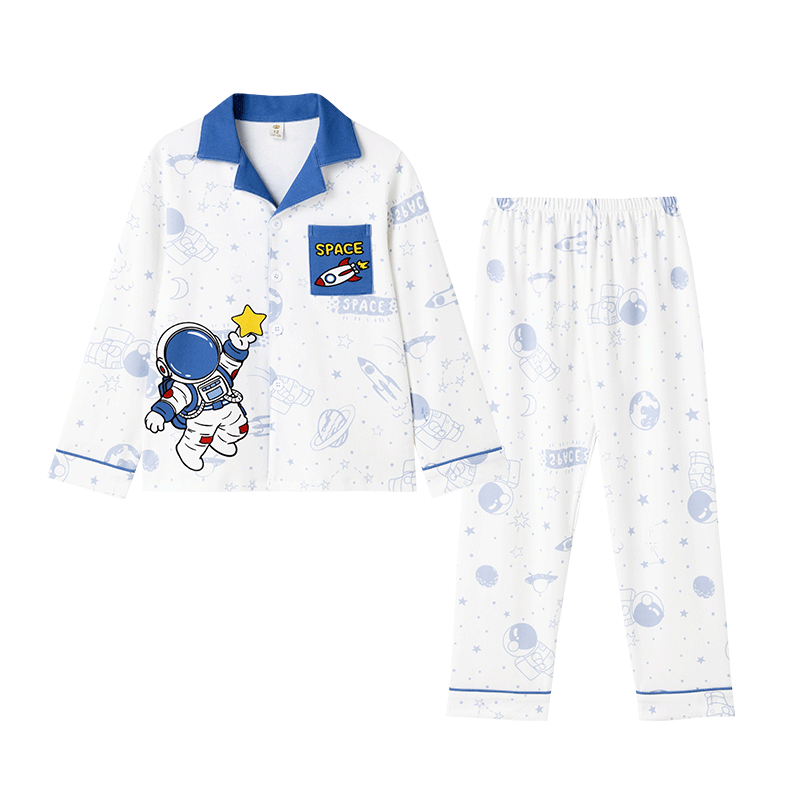 Fenteng Boys' Pajamas Class A Pure Cotton 2026 Spring Summer New Lapel Long Sleeve Children's Sleepwear Homewear Set