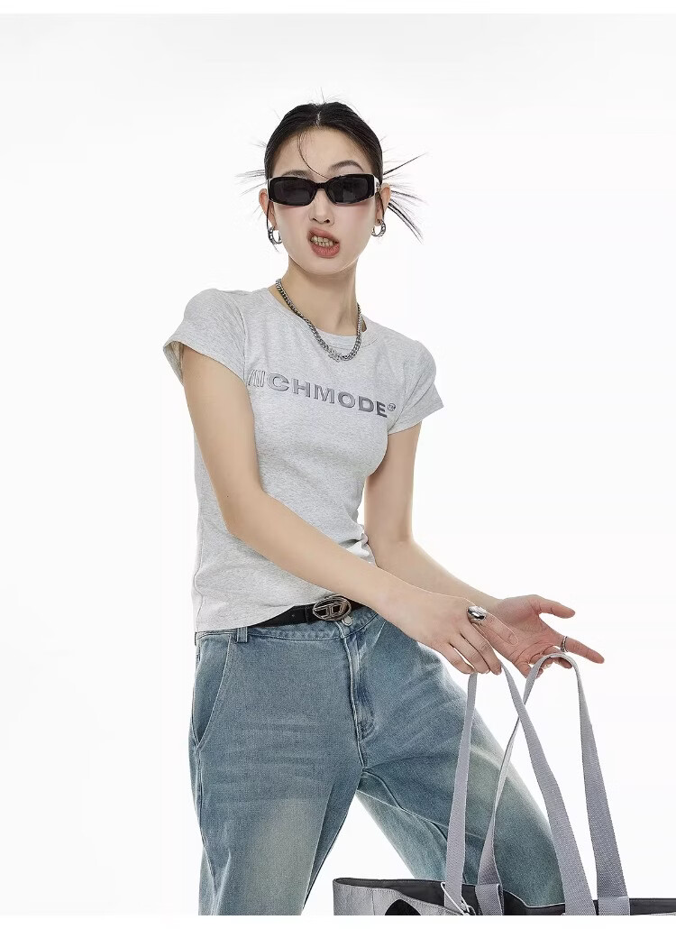ICH MODE American Slim Fit Shoulder T-Shirt Women Summer New Short Crop Top Black L 21