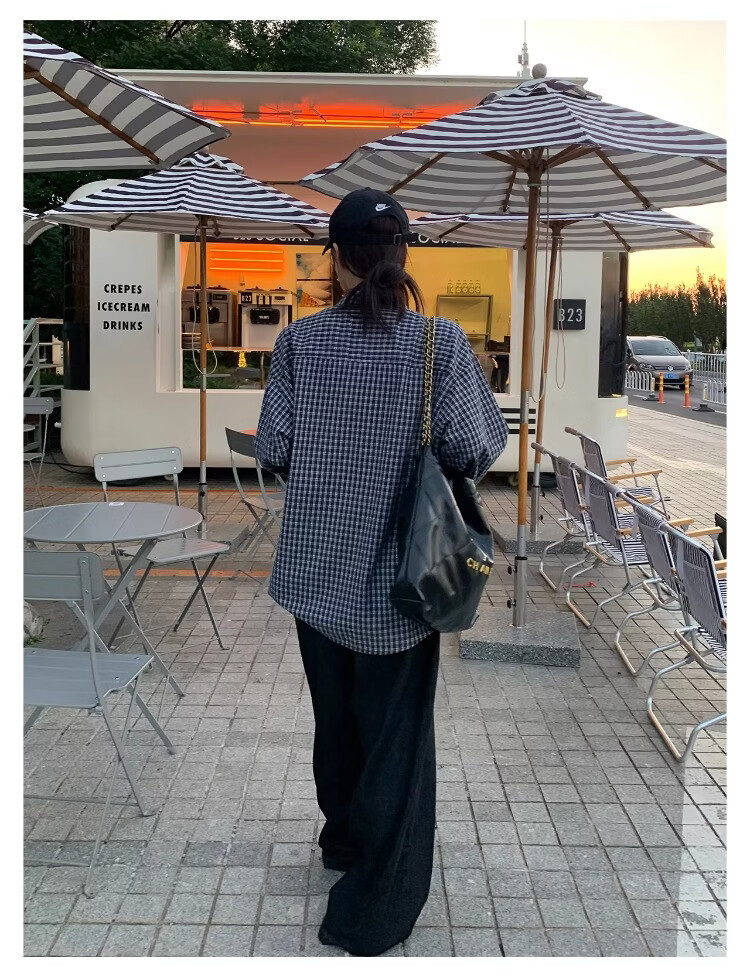 ICH MODE "Plaid Collector" Korean Retro Casual Black and White Plaid Long Sleeve Shirt Spring Autumn Shirt Silver Gray L 8