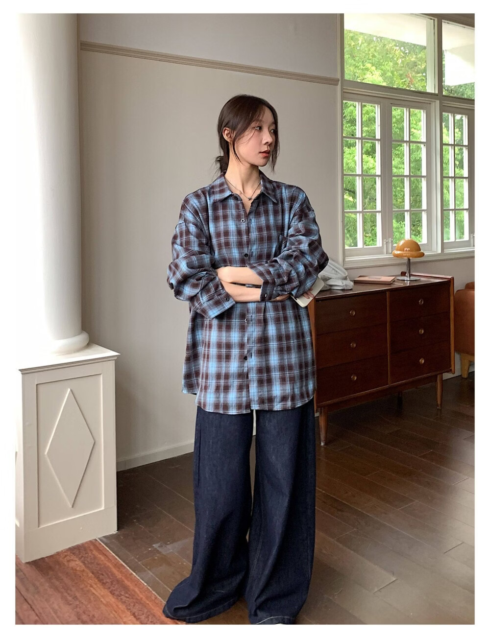 ICH MODE "Jeju Island Breeze" Brushed Plaid Shirt Jacket Women Vintage Check Long Sleeve Korean Style Shirt Blue L 7