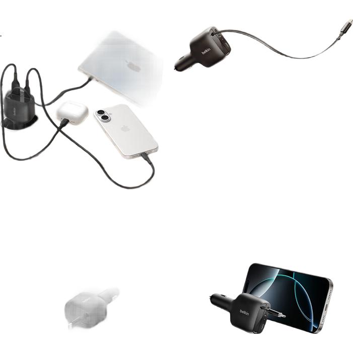 Автомобильное зарядное устройство BELKIN 75W с быстрой зарядкой, адаптер для прикуривателя, расширение для зарядки трех устройств, встроенный выдвижной кабель, черный