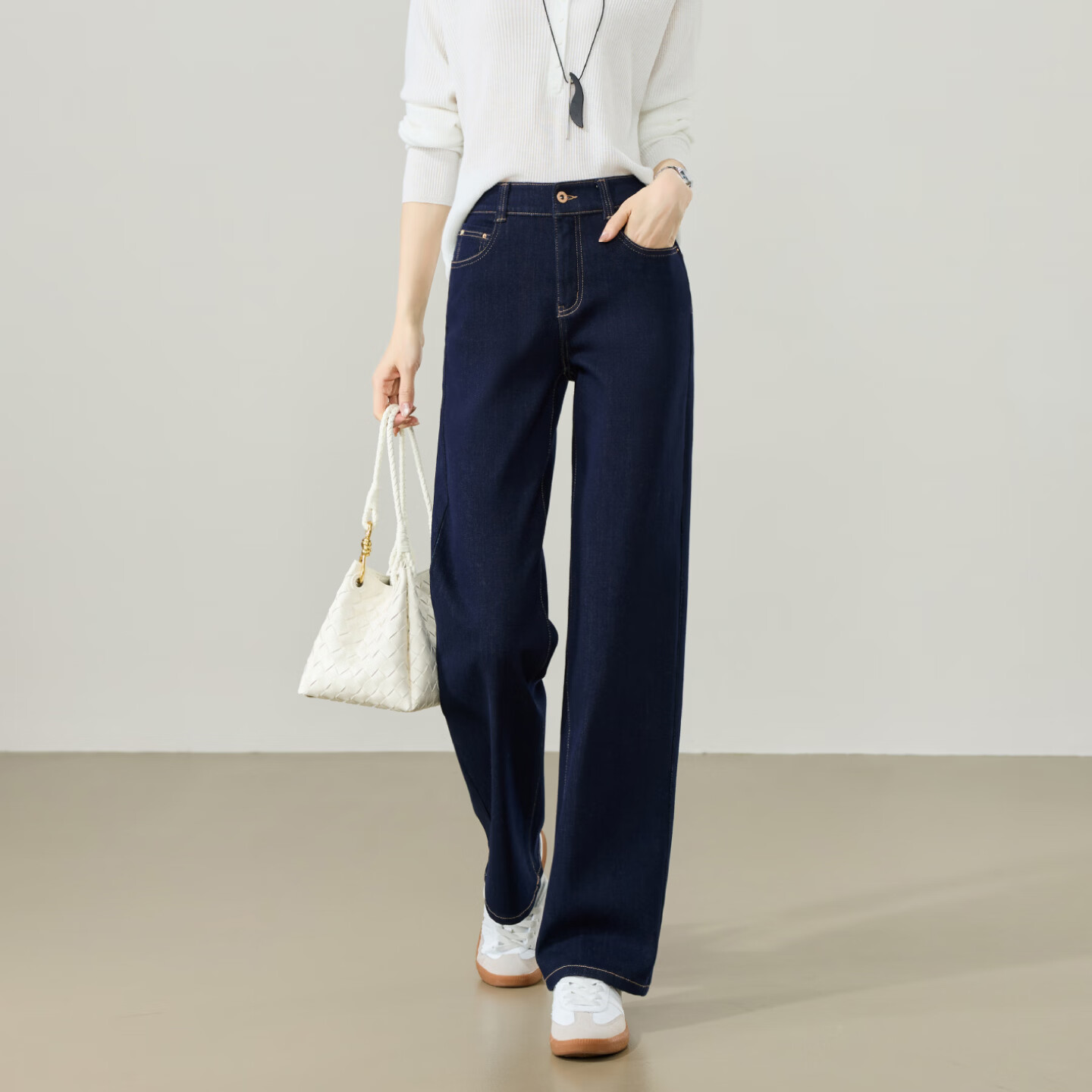 ESE-Y Women's Narrow Wide-Leg Jeans 26 Spring New Elastic Slim Straight Pants Dark Blue 27