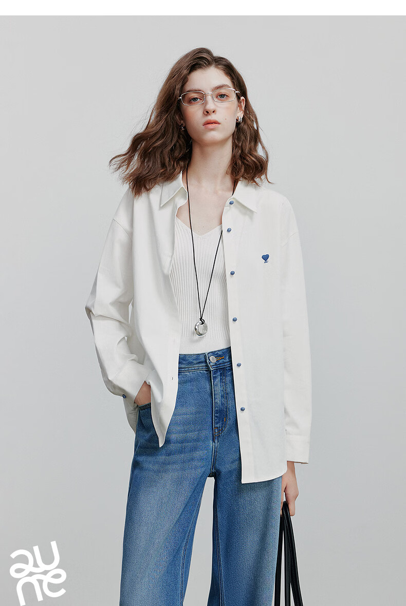 Chuyua Heart Embroidery Shirt Women 2025 Autumn New Simple Versatile Solid Color Pure Cotton Blouse White L 22
