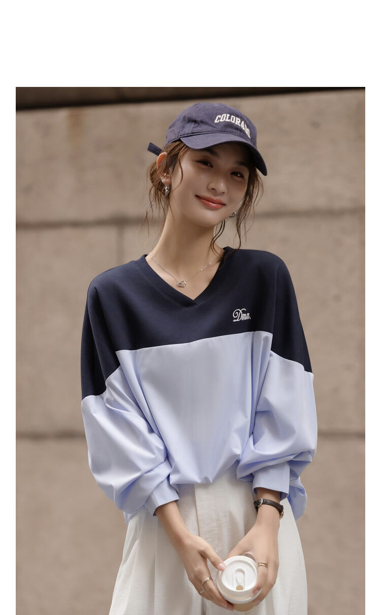 Demana [Soft Air Layer] Spring Lightweight V-Neck Colorblock Embroidered Lettering Raglan Sleeve Elastic Hem Women's Sweatshirt 9