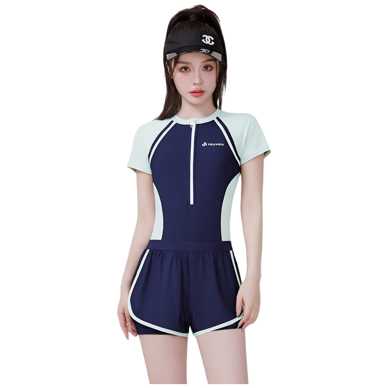 F.DYRAA Women's One-Piece Conservative Swimsuit Set for Hot Springs and Swimming Pools Slim Fit Girl Swimsuit Three-Piece Set 16083 Deep Indigo 2XL