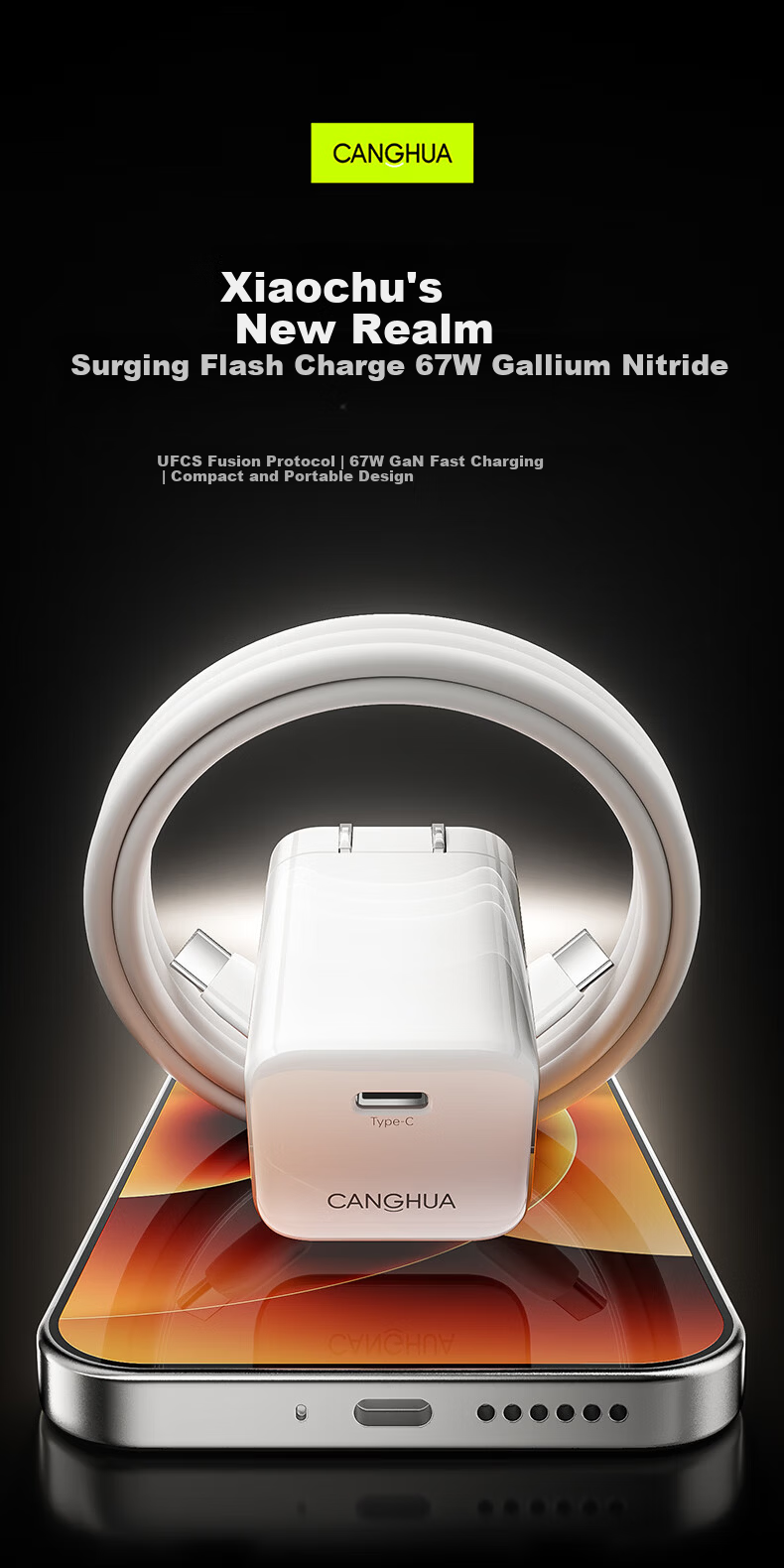 CangHua Xiaomi 67W Charger Set Surge Fast Charge PD65W Charger + Charging Cable Compatible with Huawei Honor Lenovo Apple Laptop Redmi Phone 2m 1