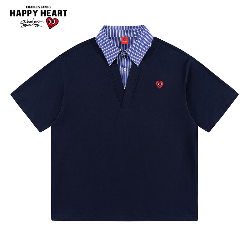 Charles Peach Heart Summer Premium Striped Collar Small Heart Couple Casual Short Sleeve Polo Shirt Navy XL