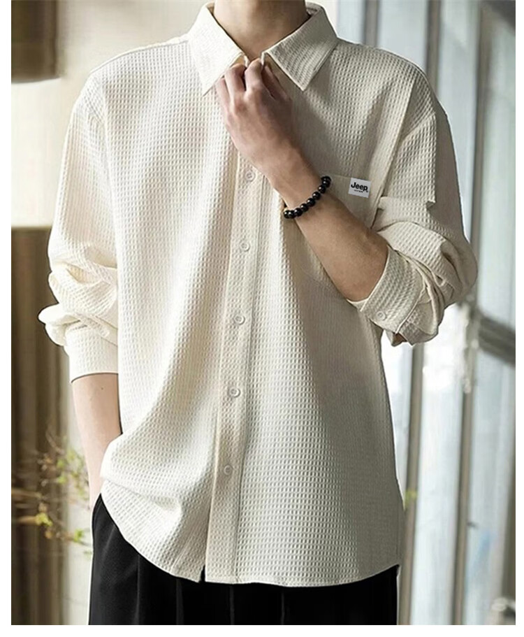 JEEP Men's Long Sleeve Waffle Shirt Casual Loose Fit Jacket Spring Autumn Beige M 5