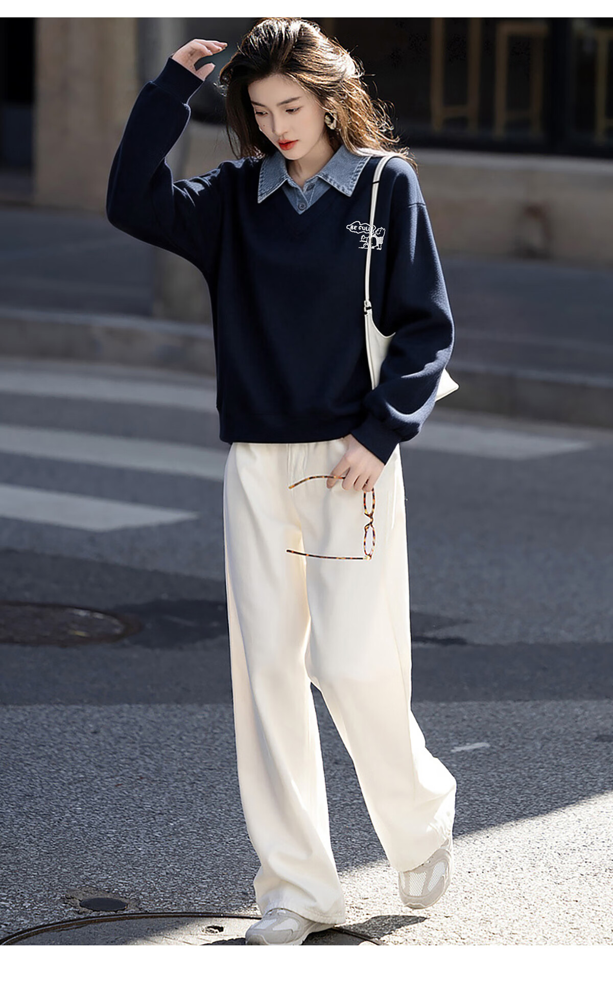 Chushen Spring Autumn Women's Sweatshirt, Fake Two-Piece Splicing, Versatile Loose Fit Long Sleeve Top S61W100 15