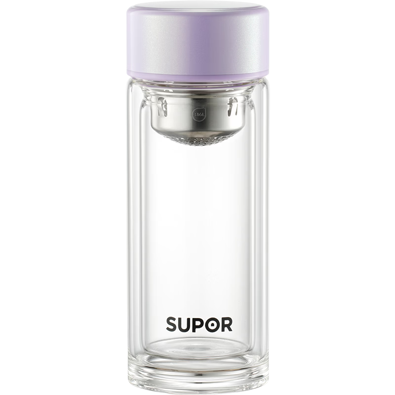 SUPOR Double-Layer Thickened Glass Tea Separation Cup for Women, Slim Portable Glass Water Cup 180ml Purple