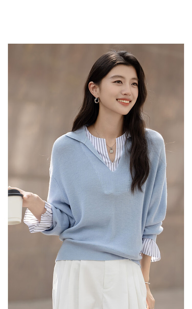 Demana【Sheep Wool and Mulberry Silk Blend】Spring Minimalist Patchwork Striped Polo Neck Knit Sweater for Women 14