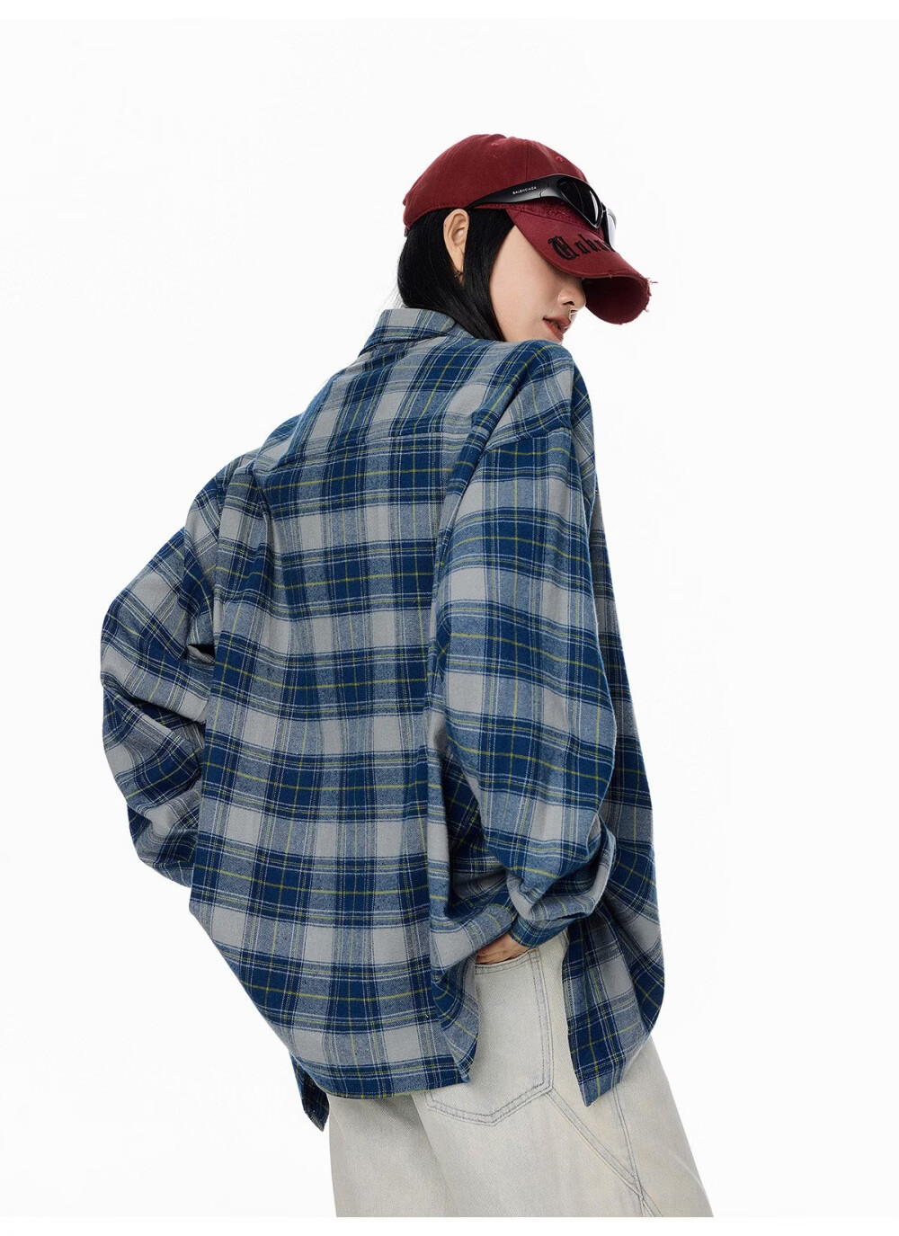 ICH MODE Women's American Style Blue Plaid Shirt Spring New Loose Casual Long Sleeve Shirt Jacket Top Blue L 18