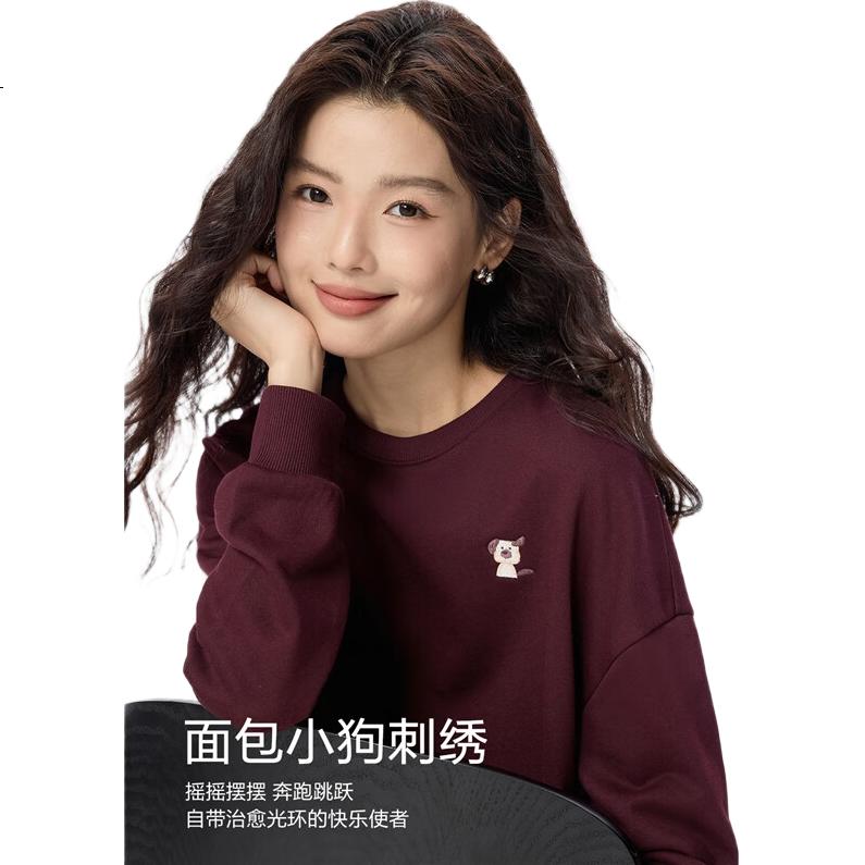 Giordano Women's Autumn Winter Embroidered Pullover Sweatshirt Loose Casual Crew Neck Top 05395781
