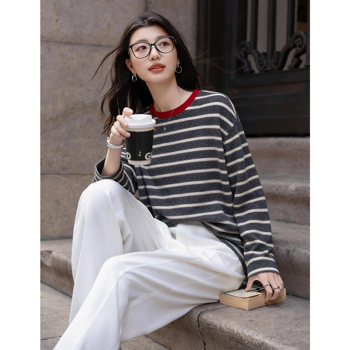 Demana Vintage Collegiate Style Winter Japanese Colorblock Crewneck Striped Loose Fit Sweatshirt for Women