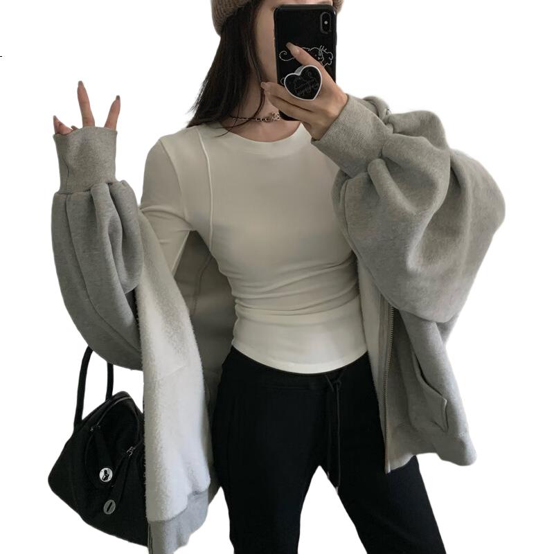 Woodpecker Women's Long Sleeve T-Shirt Autumn 2025 New Round Neck Shoulder Fit Ribbed Base Shirt White S