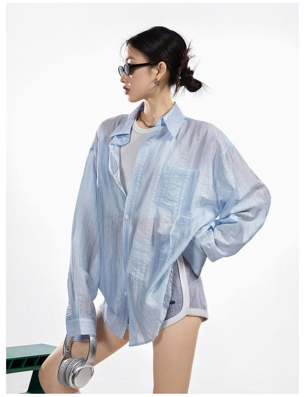 ICH MODE American Style White Shirt Women Summer Loose Physical Sun Protection Shirt Jacket Long Sleeve Top Blue XL 26