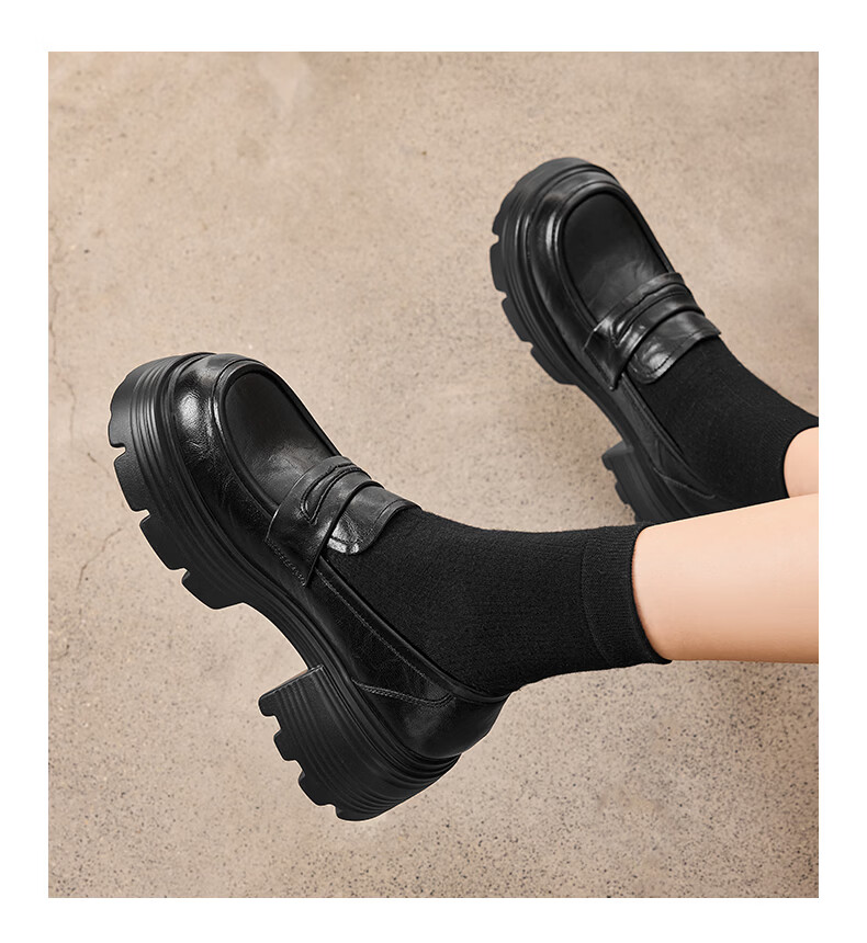 Saturday Thick Sole Loafers Women 2026 New Spring Slip-On Soft Sole Comfortable Black Height Increasing British Style Small Leather Shoes 9