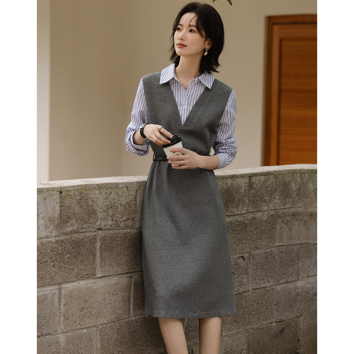 Demana [Cloud Oxygen Cotton Blend] Spring Smart Commuter Faux Two-Piece Lapel Loose Mid-Length Women's Dress