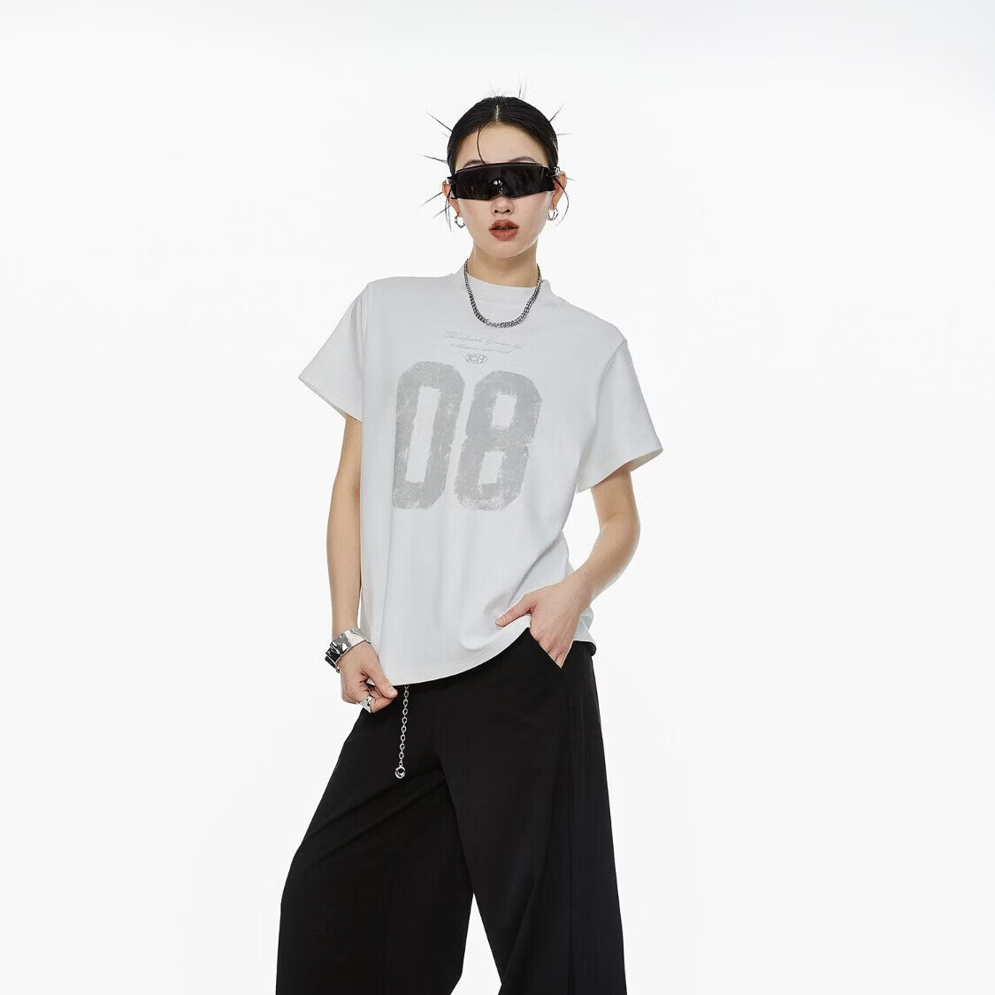ICH MODE American Slim Fit Shoulder T-Shirt Women 2026 Summer New Printed Short Sleeve Sports Top White S