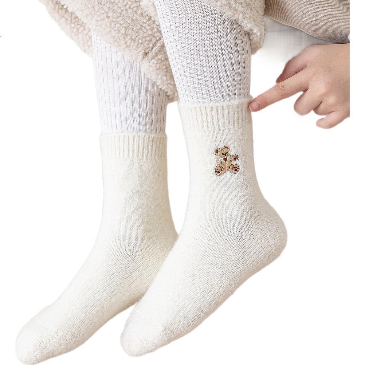 MiiOW 3 Pairs Kids Socks Autumn Winter Thickened Fleece Boys Korean Style Cartoon Bear Mid-Calf Girls Socks