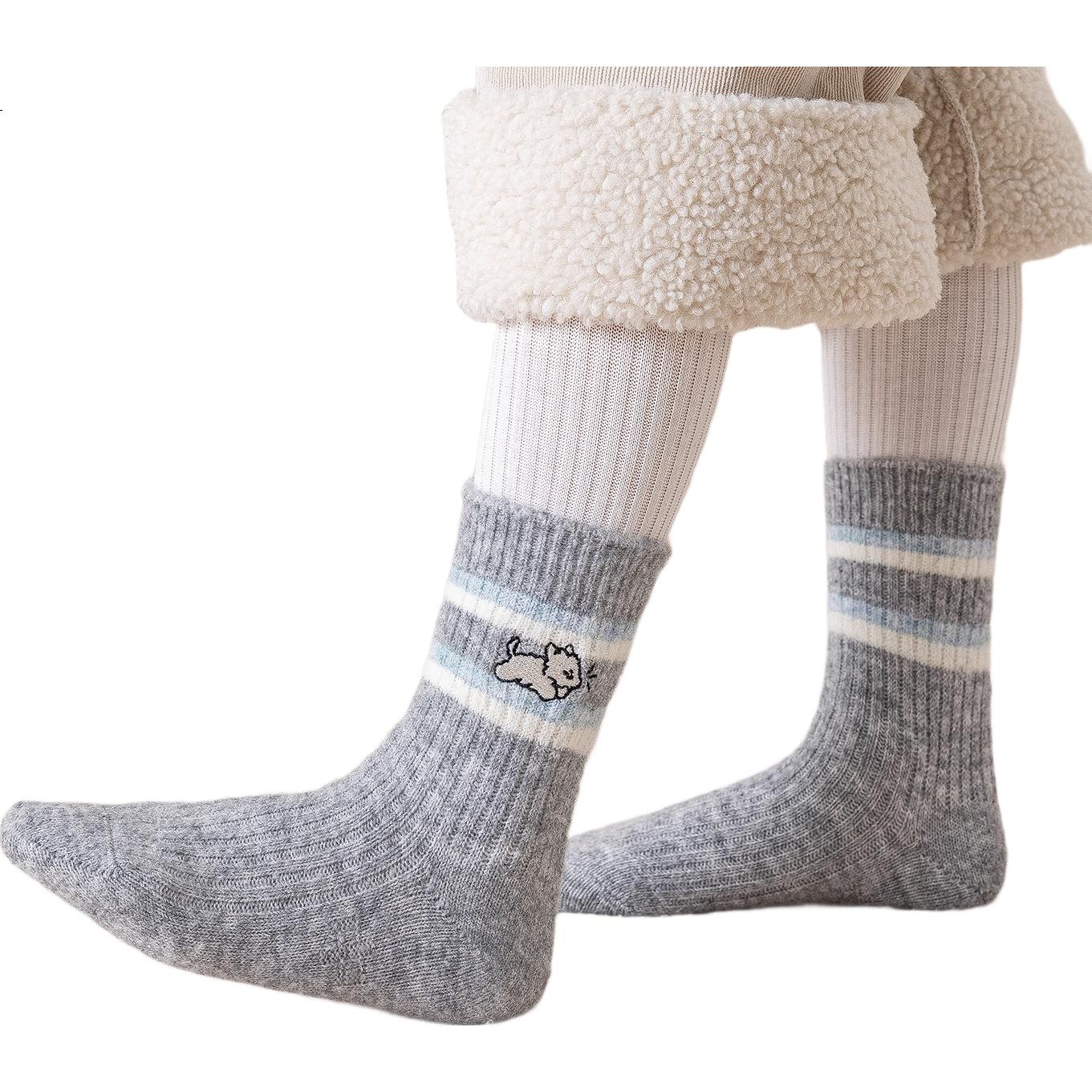 MiiOW Girls' Thickened Autumn Winter Socks Kids Boys Korean Embroidered Puppy Colorblock Warm Mid-Calf Socks