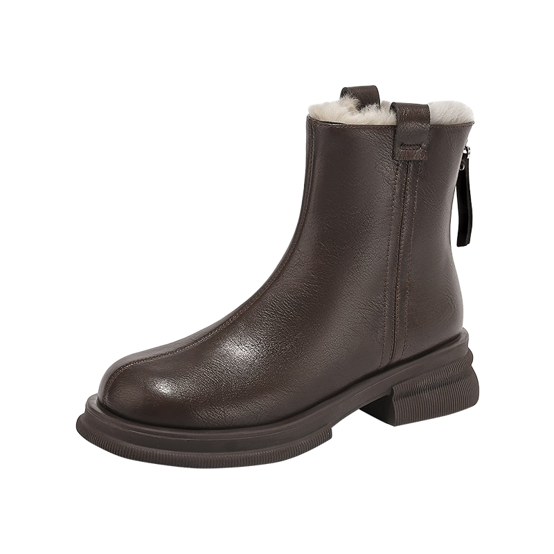 DAPHNE Women's Leather Ankle Boots Thick Sole Warm Martin Boots Brown Size 38 4023605004