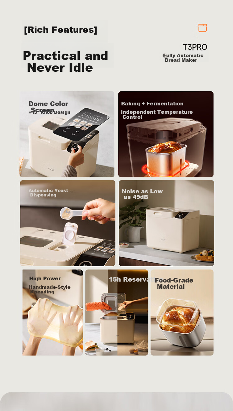 ACA Automatic All-In Bread Maker, Multifunctional Bread And Pastry Machine, Automatic Sprinkle Yeast Filling, Aluminum Pressed Inner Pot, T5 Pro 2