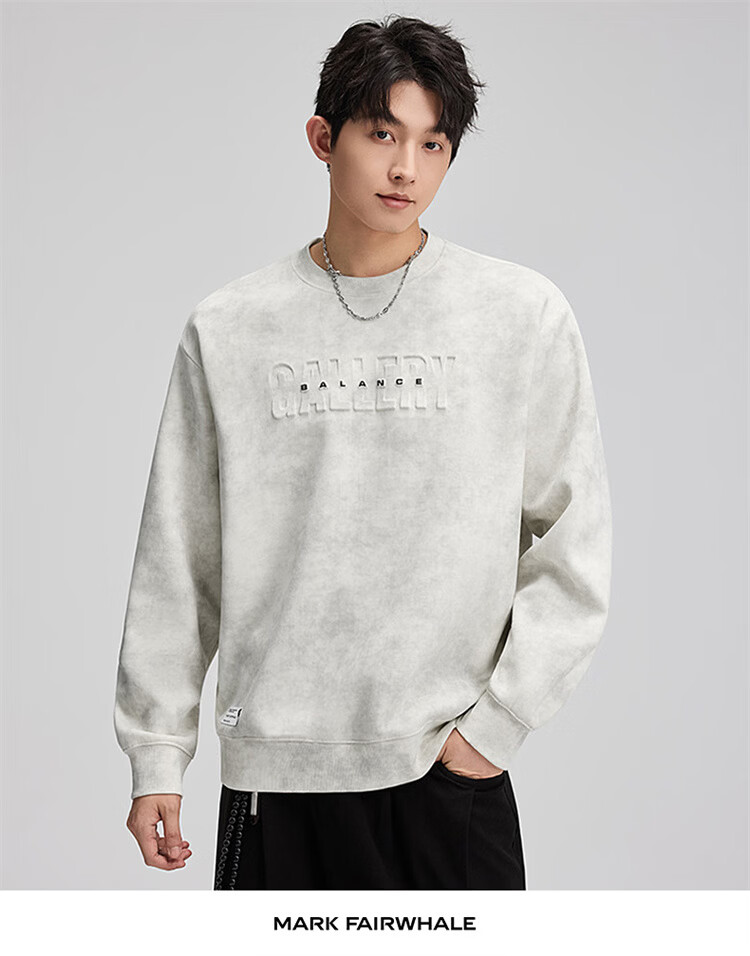 MARK FAIRWHALE Tie-Dye Sweatshirt Men Spring Trendy Brand Crewneck Heavyweight Long Sleeve T-Shirt Base Layer Rock Gray 3XL 13