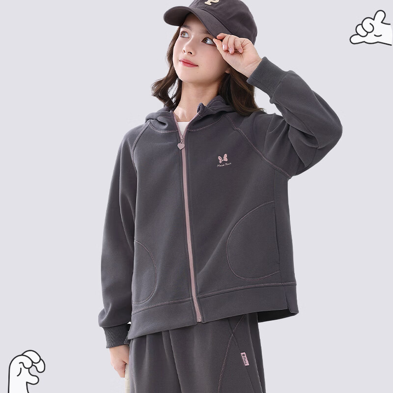 Disney Girls Casual Set Spring Autumn New Children's Hooded Sportswear Youth Sweatshirt and Pants FT001 Thin Dark Gray 140