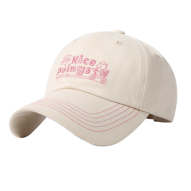 CACUSS Women's Baseball Cap Cartoon Embroidered Cotton Soft Top Visor Hat Spring Duckbill Cap Light Beige
