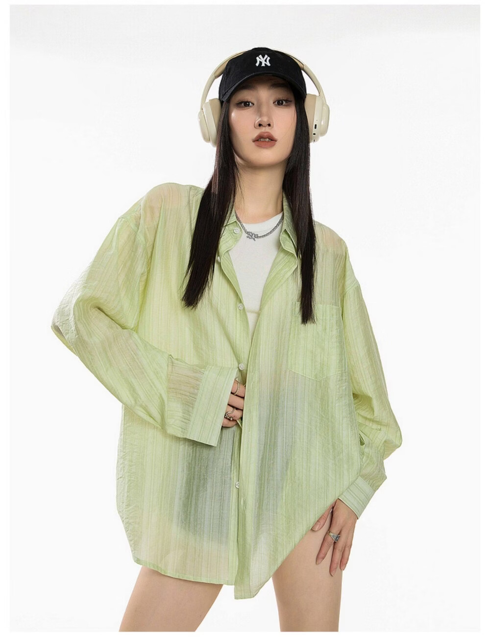 ICH MODE American Style White Shirt Women Summer Loose Physical Sun Protection Shirt Jacket Long Sleeve Top Blue XL 49