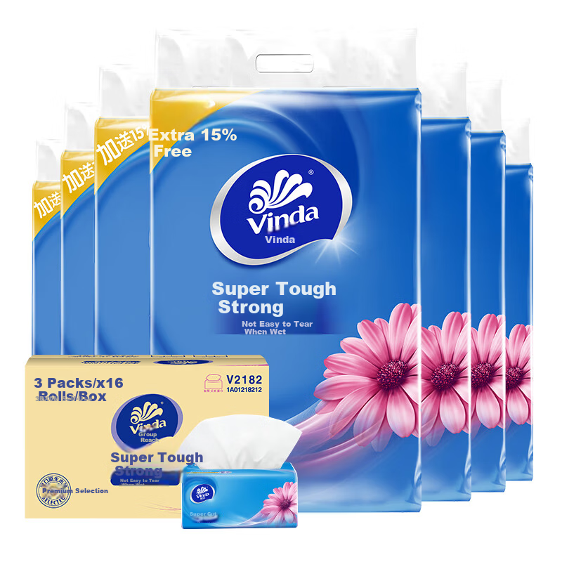 Vinda [Full Box] Facial Tissues V2182 Ultra Strong Soft Tissues M Size 3-Ply 150 Sheets 3 Packs * 16 Bags (Medium Size)