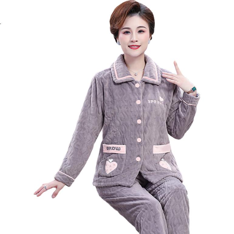 Urban Beauty Women's Flannel Pajamas Middle-aged and Elderly Mom Autumn Winter Coral Fleece Thickened Plus Size Homewear
