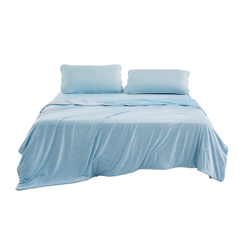 Luolai Home Textiles Summer Cooling Quilt Four-Piece Set Ice Silk Mat Machine Washable Class A Antibacterial Cooling Bed Sheet 180*200*30 Blue