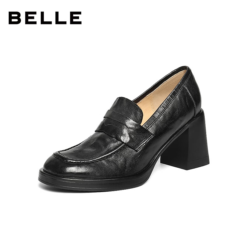 Belle Women's Comfort Loafers 2026 New Thick Heel Spring Summer Lambskin Work Shoes B2948AA6 Black Size 37