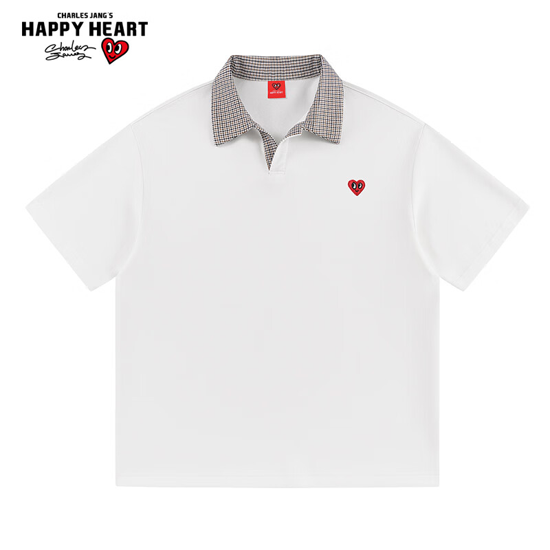 Charles Peach Heart Summer Small Heart Color-Block Breathable Cotton-Padded Couple Casual Unisex Short Sleeve Polo Shirt Off-White XS
