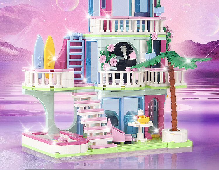 Gaozhile LE High-Difficulty Building Blocks Children's Educational Toy Girls Birthday Gift Summer Pink Villa Model 6-12 2
