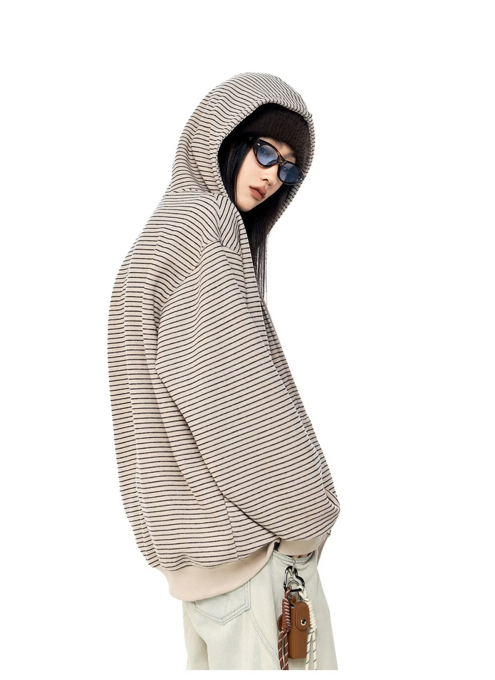 ICH MODE Celebrity Style Striped Hoodie Cardigan Sweatshirt for Women Spring Autumn New Sports Jacket Black M 28