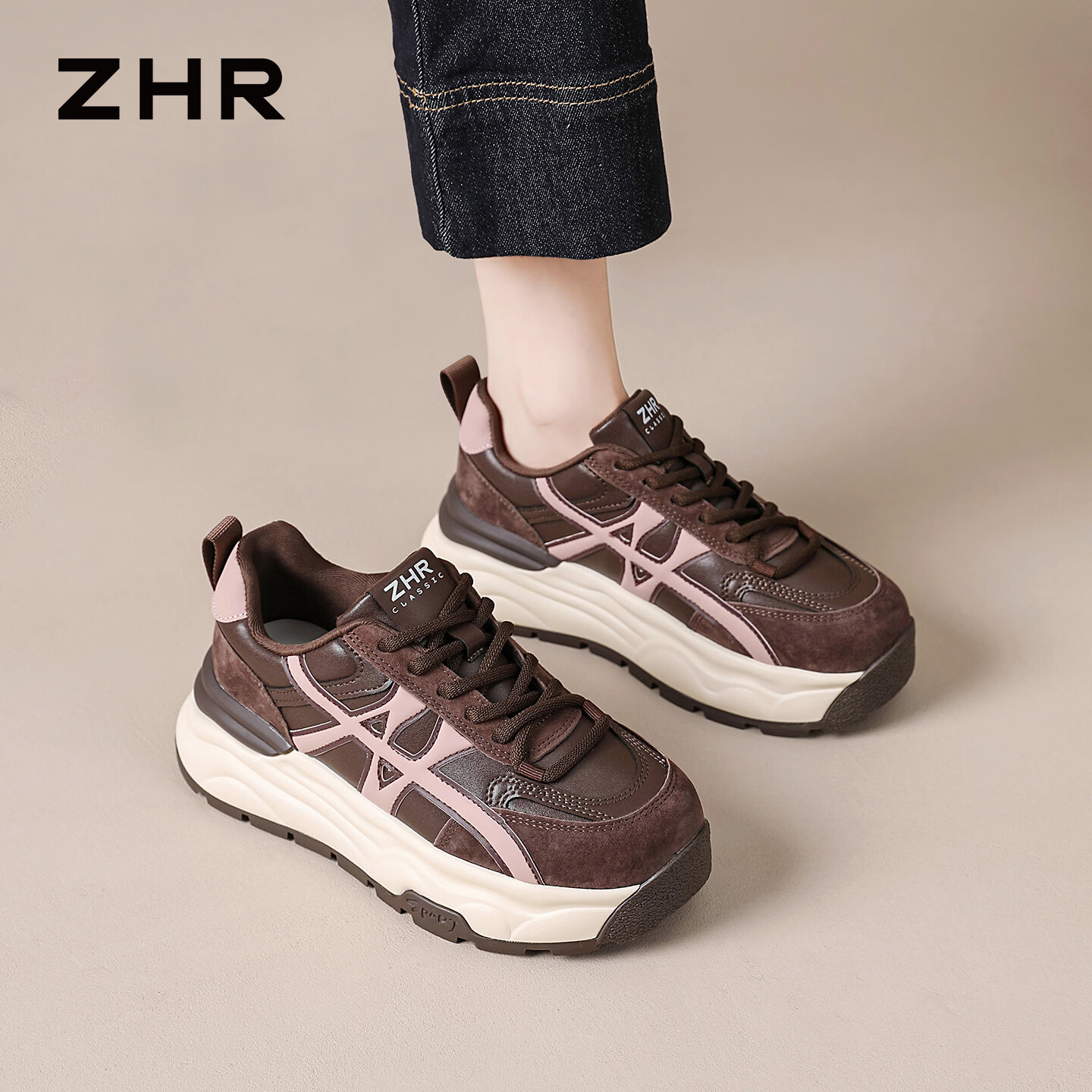 ZHR Thick Sole Dad Sneakers Women 2026 Spring New Versatile Retro Sports Running Shoes R126L Brown Size 38