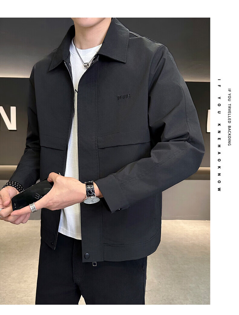 PLAYBOY Men's Spring Autumn Jacket Casual Outdoor Windproof Lapel Coat Black L 10