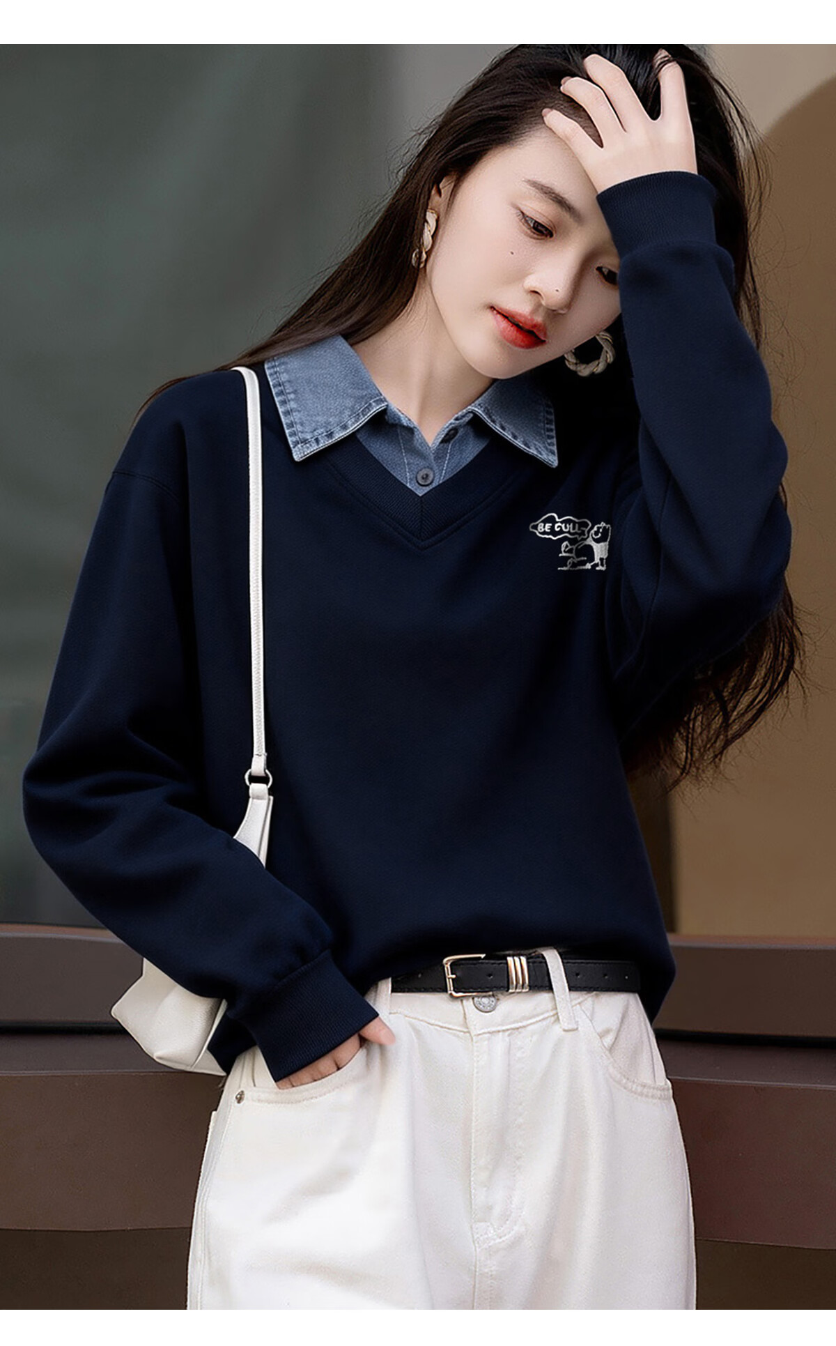Chushen Spring Autumn Women's Sweatshirt, Fake Two-Piece Splicing, Versatile Loose Fit Long Sleeve Top S61W100 16