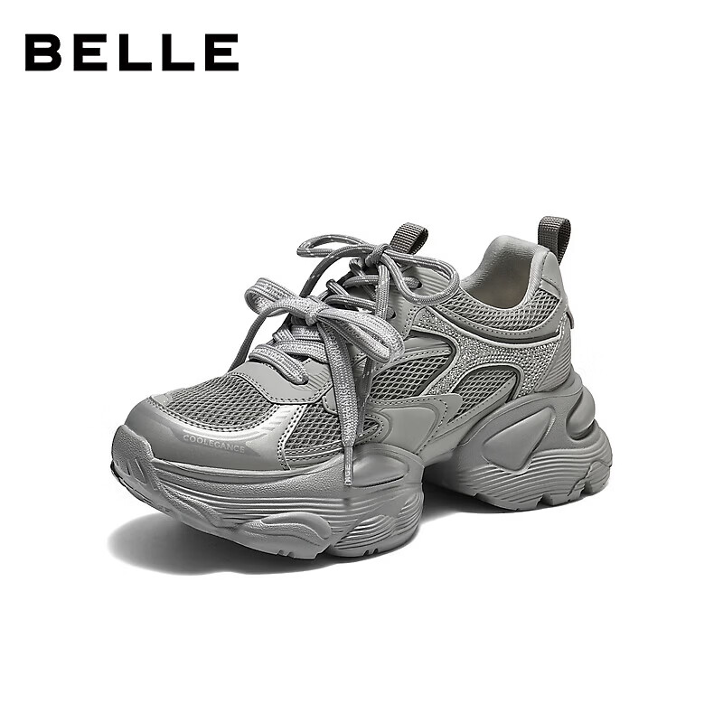 Belle Women's Platform Dad Sneakers 2026 New Spring Summer Breathable Mesh Sports Casual Shoes JD028AM6 Gray Size 34