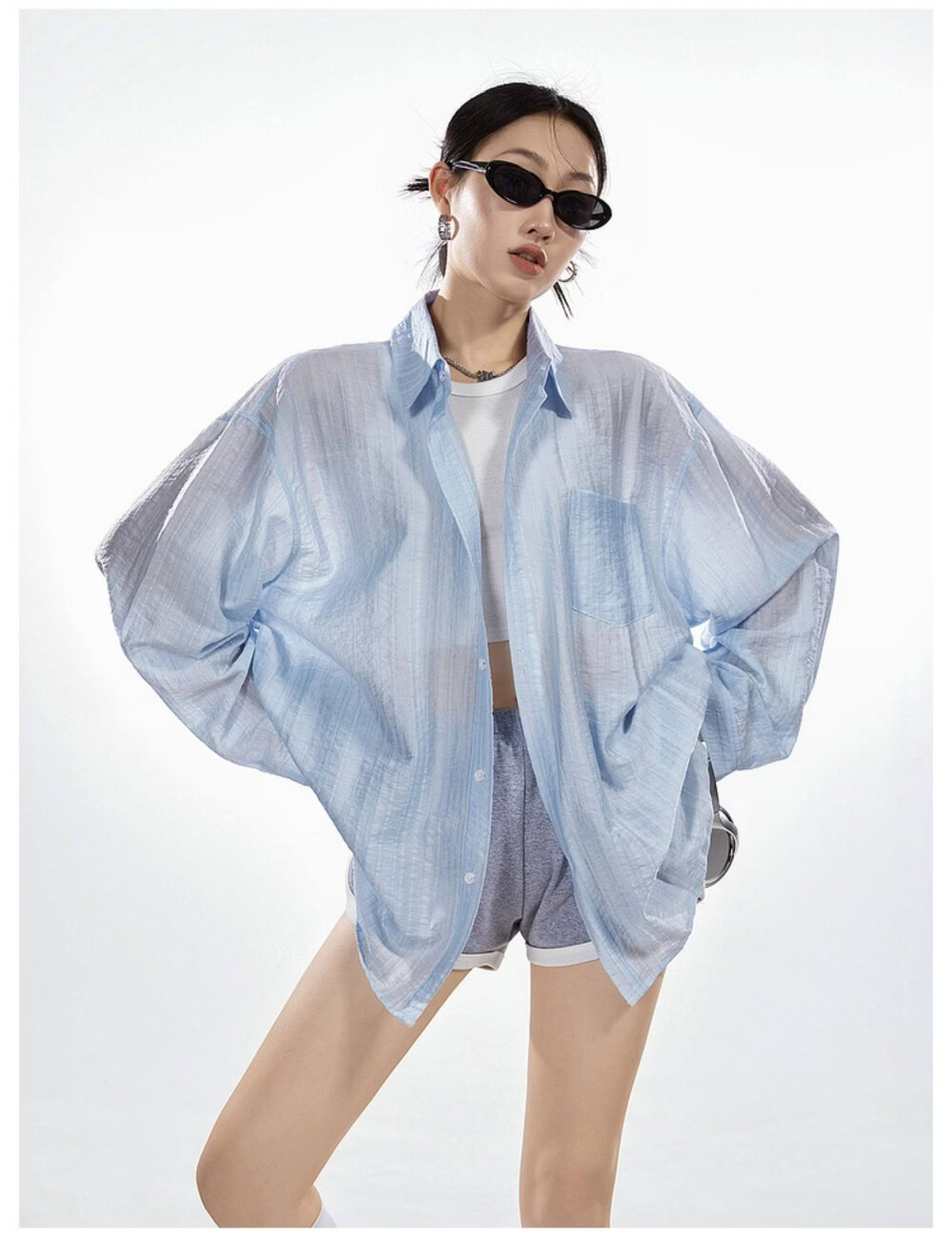 ICH MODE American Style White Shirt Women Summer Loose Physical Sun Protection Shirt Jacket Long Sleeve Top Blue XL 30