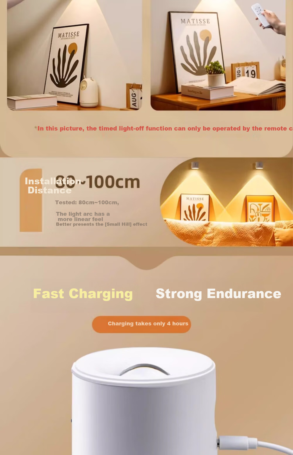Guan'an Magnetic Wireless Spotlight No Drilling Small Hill Bedside Reading Lamp Wireless Remote Control Lighting [Rechargeable Remote Model - 1800mAh] White/Three-Color Adjustable 11