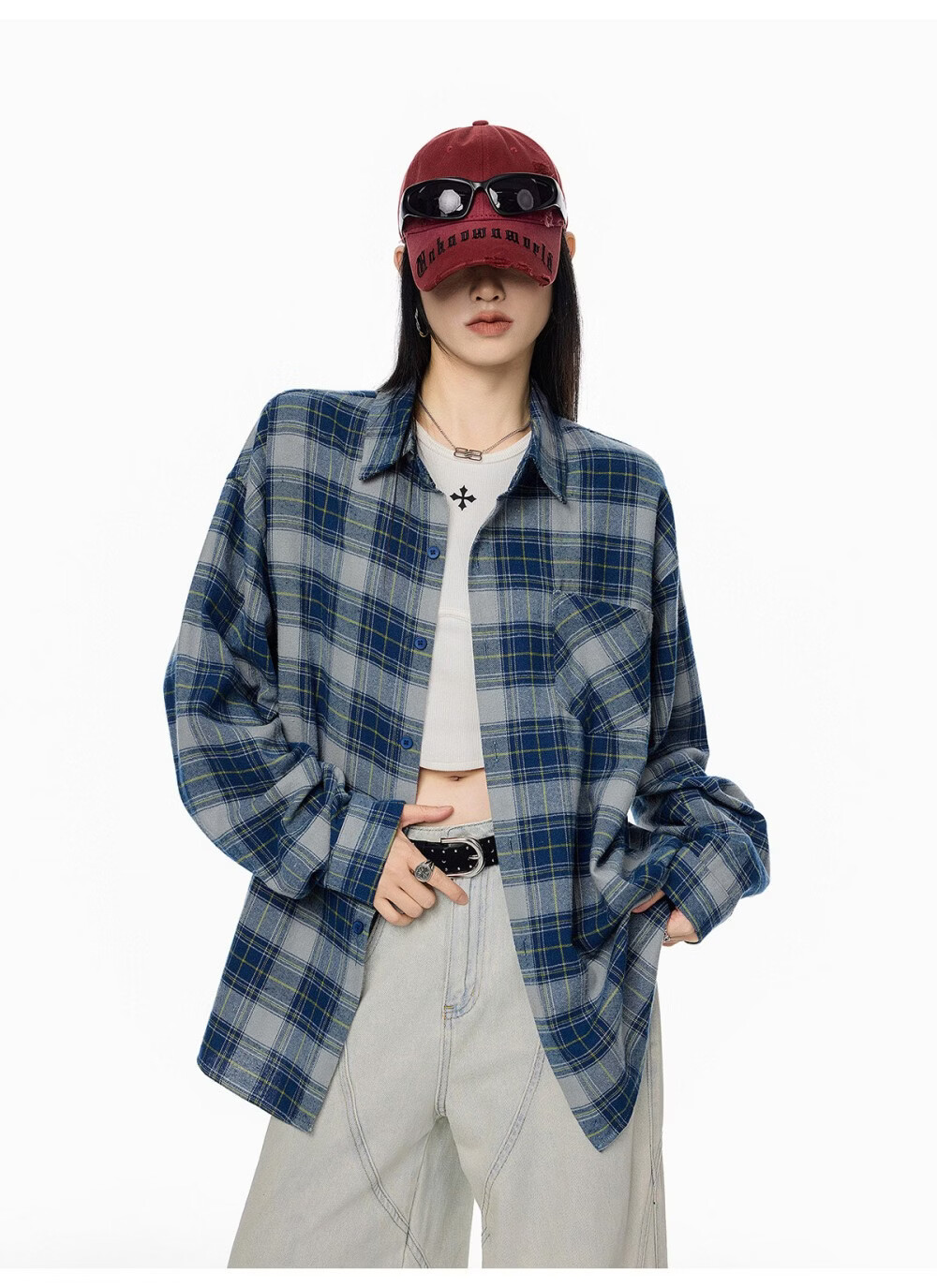 ICH MODE Women's American Style Blue Plaid Shirt Spring New Loose Casual Long Sleeve Shirt Jacket Top Blue L 19
