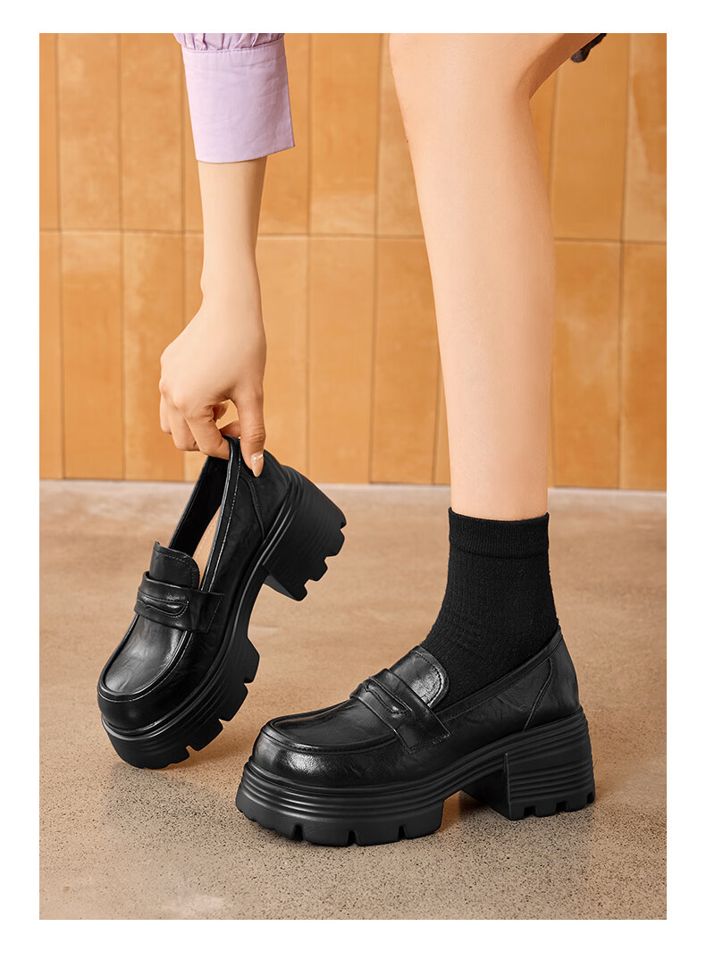 Saturday Thick Sole Loafers Women 2026 New Spring Slip-On Soft Sole Comfortable Black Height Increasing British Style Small Leather Shoes 8