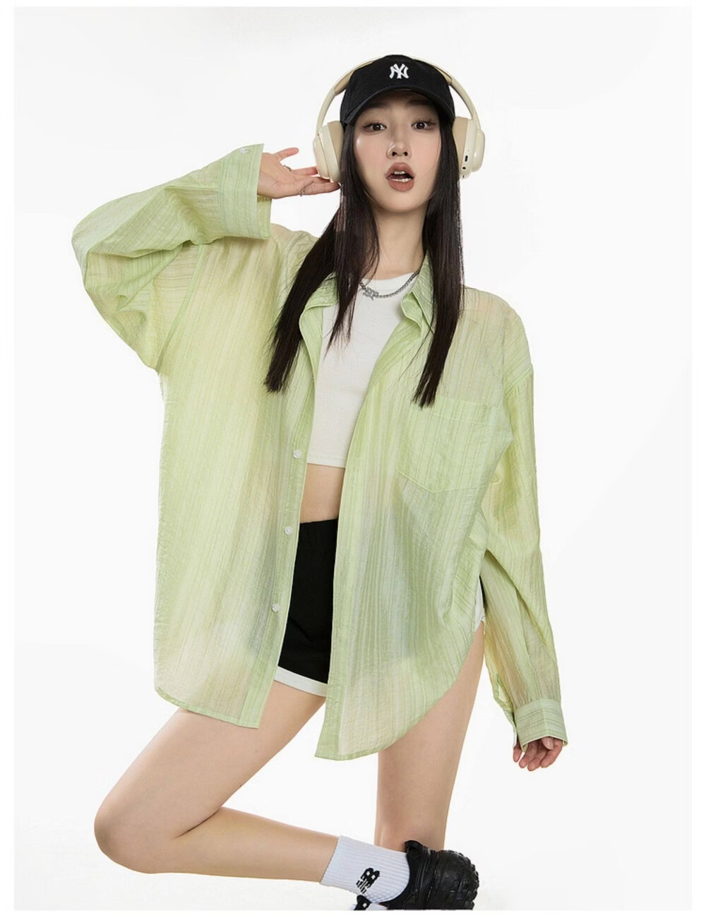 ICH MODE American Style White Shirt Women Summer Loose Physical Sun Protection Shirt Jacket Long Sleeve Top Blue XL 53