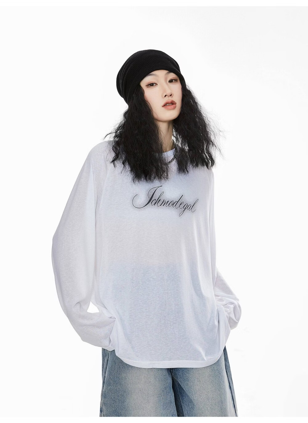 ICH MODE American Style Physical Sunscreen Cooling Loose Long Sleeve T-Shirt Lightweight Lazy Style White S 9