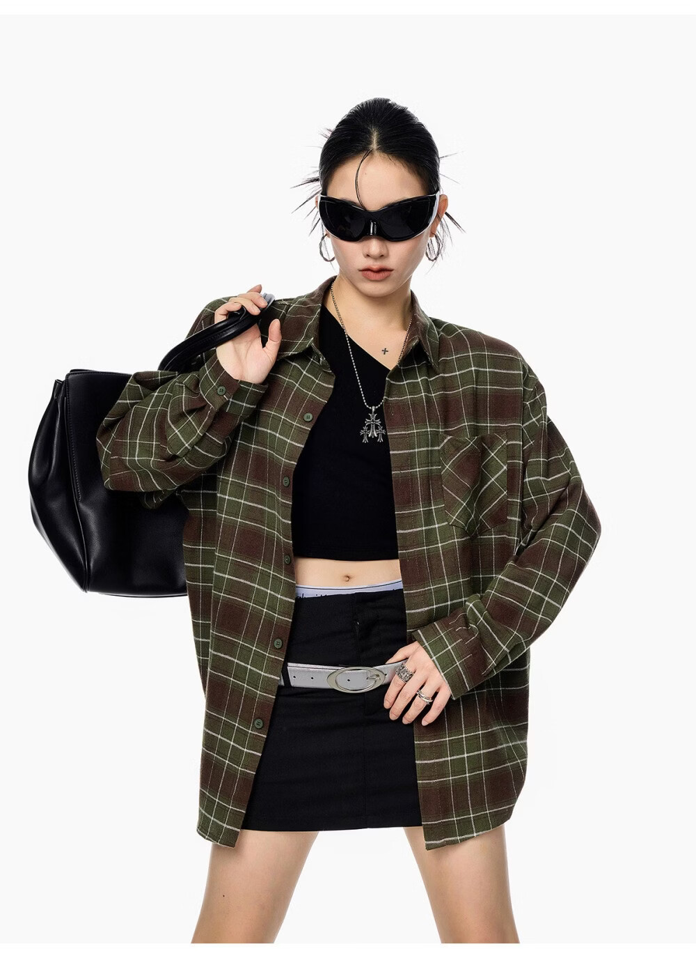ICH MODE Women's American Style Blue Plaid Shirt Spring New Loose Casual Long Sleeve Shirt Jacket Top Blue L 10