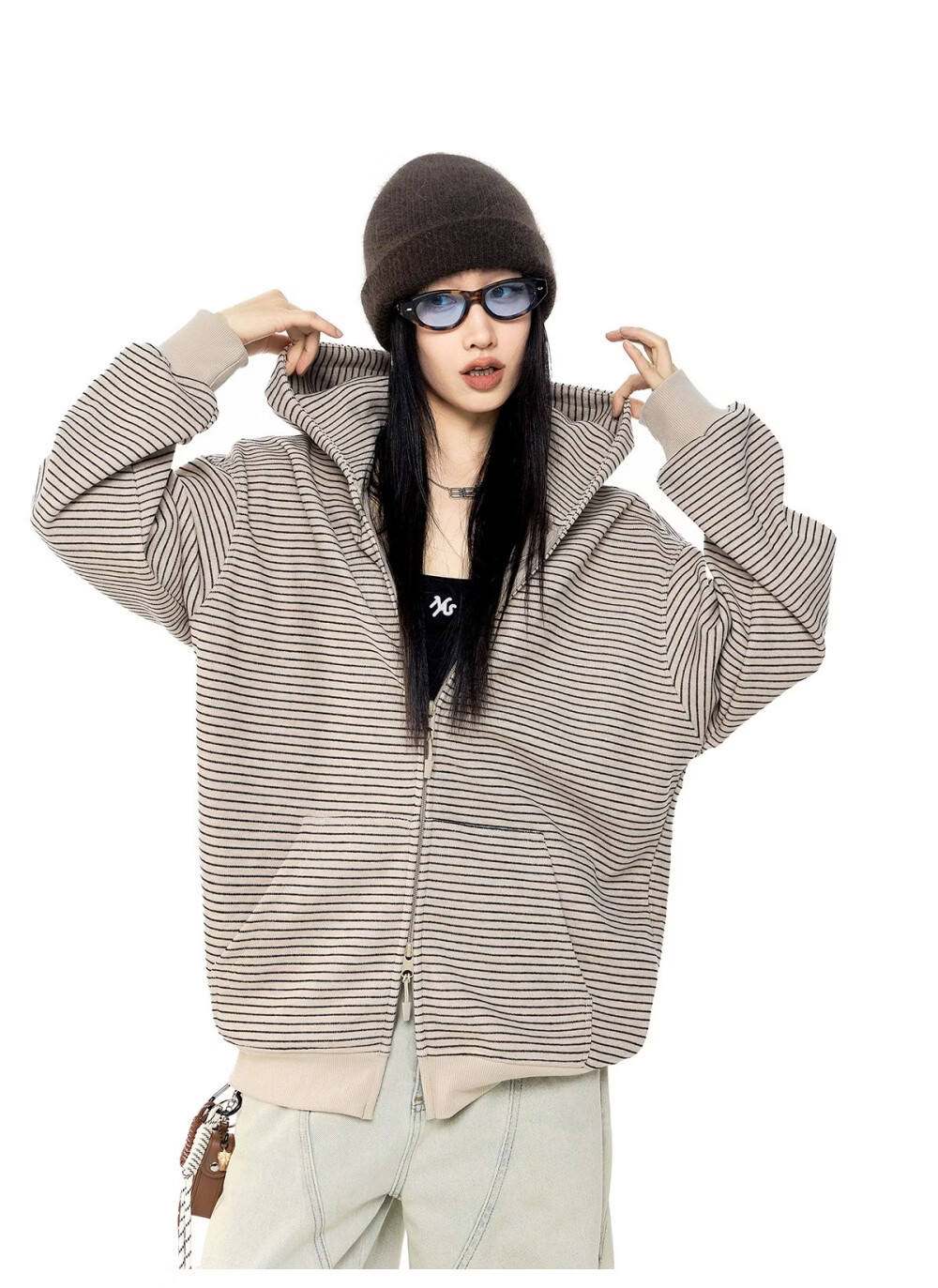 ICH MODE Celebrity Style Striped Hoodie Cardigan Sweatshirt for Women Spring Autumn New Sports Jacket Black M 34